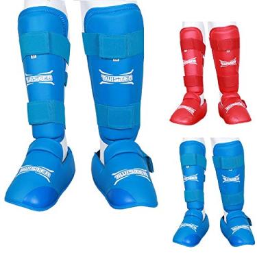 Imagem de Twister Muay Thai, boxe, kickboxing, karatê, taekwondo, protetores acolchoados para canela e peito do pé de MMA, canela em degraus, caneleiras, tamanhos diferentes (azul, PP)
