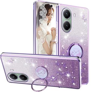Imagem de Ephoou Capa para Xiaomi Poco X7 Pro 5G com suporte de anel, flores brilhantes brilhantes com design floral de glitter TPU transparente macio para Xiaomi Poco X7 Pro HSF-roxo