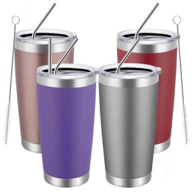 Imagem de MEWAY Copo de 590 ml pacote com 4 canecas de viagem isoladas a vácuo de parede dupla, copos de aço inoxidável de cores mistas com tampa e canudo, copos de café duráveis revestidos em pó para bebidas