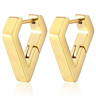 Imagem de Caiyao Brincos de argola de aço inoxidável banhados a ouro 14 K hipoalergênico pequena estrela retangular triângulo coração losango quadrado ferradura em forma de U para mulheres minimalistas leves