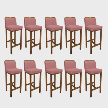 Imagem de Kit 10 Banqueta Alta Com Encosto Agnes Cozinha Balcão Bistrô Base Madeira Carvalho Suede Rose Gold - Ahz Móveis