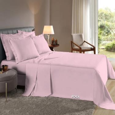 Imagem de Lençol liso com bainha E fronhas com abas 200 fios 100% algodão casal queen 4 peças - rosa lucelia bordados