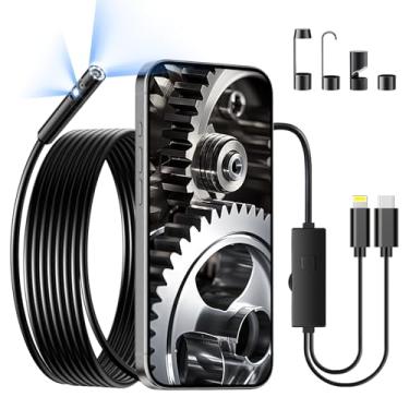 Imagem de Câmera de endoscópio de lente dupla com luz, câmera de inspeção de boroscópio 1920p com 8 luzes LED ajustáveis, cabo serpente semirrígido de 16,5 pés, duas interfaces para iPhone, dispositivos tipo C,