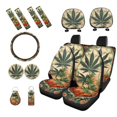 Imagem de PCSJRKG Conjunto completo de capa de assento de carro impressa em maconha, conjunto completo de acessórios de proteção para carro, capas de assento com capa de volante capa de encosto de cabeça de