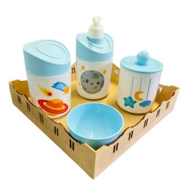 Imagem de Kit Higiene Baby Espacial Menino c/bandeja em MDF - Dóia Kids, Planeta