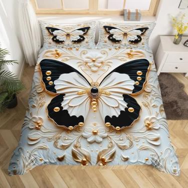Imagem de Manfei Conjunto de capa de edredom infantil de borboleta 3D, tamanho king, conjunto de cama barroco vintage com flores douradas, decoração de quarto de meninas e mulheres, capa de edredom rústica de