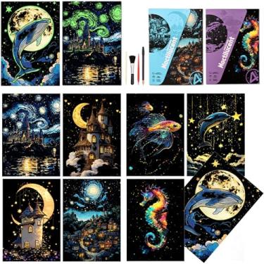 Imagem de Artesanato adulto brilha no escuro, papel de pintura arco-íris A5 com 8 folhas com ferramentas, raspadinha de paisagem para adolescentes e adultos, brinquedo de artesanato criativo divertido/presentes