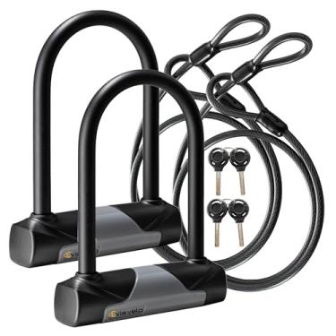Imagem de Via Velo 2 conjuntos de cadeados de bicicleta com o mesmo sistema de chaves, fechaduras em U para bicicleta antirroubo resistentes com aço trançado de 8 mm x 1,5 m, 4 chaves semelhantes para E-Bike