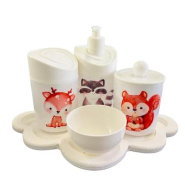 Imagem de Kit Higiene Bebê Floresta Encantada c/bandeja MDF - Menino e Menina (Nuvem Branca/Branca)