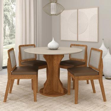 Imagem de Mesa Redonda Andria 4 Cadeiras Sextavadas Freijó/off/c.caramelo - M.a