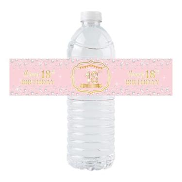 Imagem de Pacote com 36 adesivos de etiqueta de garrafa de água Happy 18th Birthday para decoração de festa de aniversário de 18 anos (rosa)
