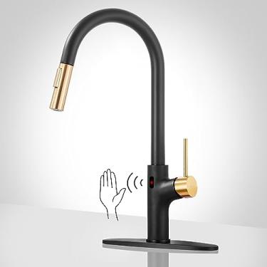 Imagem de Achelous Torneira de cozinha sem toque, torneira de cozinha com sensor de movimento de aço inoxidável com pulverizador de puxar para baixo, torneira ativada inteligente com alça única mãos livres para pia de cozinha, preto e dourado