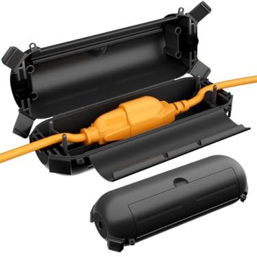 Imagem de Restmo — Pacote com 2 capas de cabo de extensão para uso externo, caixa impermeável IP44 e capa de segurança, ideal para proteger plugues externos, conexões elétricas, luzes de decoração de feriados, tamanho pequeno, preto