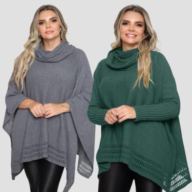 Imagem de Kit 2 Poncho Feminino Tricot Liso Gola Alta Casaco Lã Inverno - Rosile