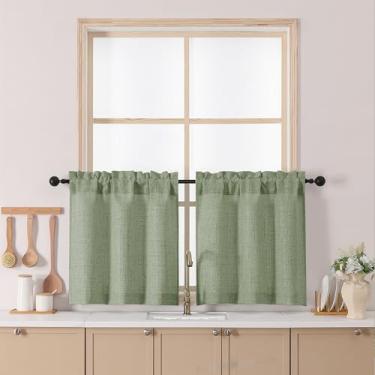 Imagem de Chyhomenyc Cortinas verdes de cozinha de 61 cm de comprimento, cortinas de café pequenas texturizadas de linho sintético com filtro de luz, cortina de janela curta com bolso para varão para armário