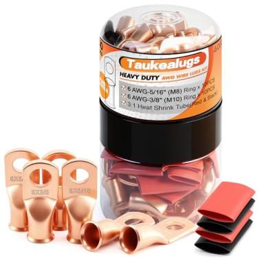 Imagem de 20 peças 6 AWG 5/16 3/20.3 cm terminais de cabo de bateria, conector de crimpagem de cobre de calibre 6 terminais de fio com 20 peças de tubo termorretrátil adesivo 3: 1 em garrafa de pescoço duplo