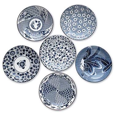 Imagem de Conjunto de louça de cerâmica estilo japonês, desenhos variados, padrão tradicional azul e branco (pacote com 6 pratos azuis e brancos, 20 cm)