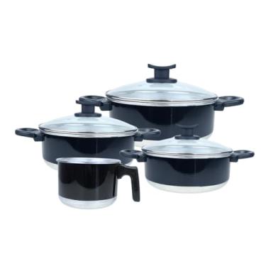 Imagem de Conjunto de Panelas com 3 Caçarolas + 1 Fervedor/Leiteira de Alumínio Esmaltado Preto com Tampas de Vidro e Cabos de Baquelite