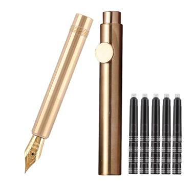 Imagem de SIPLIV Caneta-tinteiro de latão (85 mm) com bolso de parágrafo curto, minicaneta-tinteiro de ponta fina de irídio com 20 cartuchos de tinta preta, cilindro