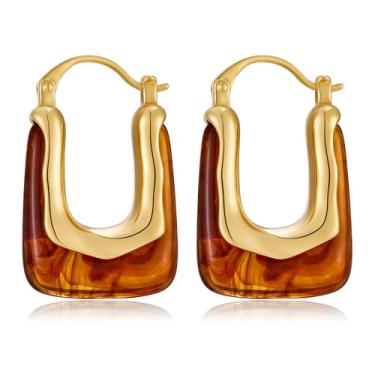 Imagem de FILMOON Brincos de argola de acrílico grandes para mulheres, banhados a ouro 14 k, hipoalergênicos, em forma de U, brincos de declaração