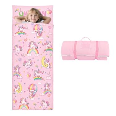 Imagem de Saco de dormir infantil com almofada removível, grande saco de dormir dobrável para meninas e meninos, bolsa de dormir fácil de limpar com zíper duplo para acampamento, escola, pré-escola, creche, 139