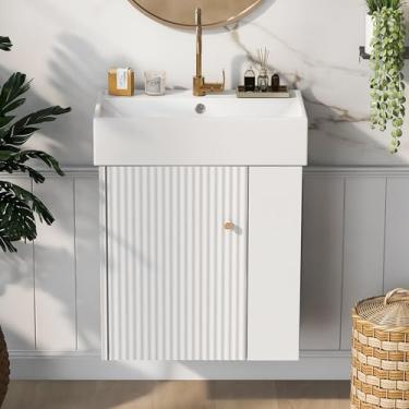 Imagem de Elefesign Vanity flutuante moderna de 55 cm com bacia de cerâmica - perfeita para banheiros pequenos, armazenamento do lado direito, branco