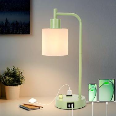 Imagem de GLITI Abajur de mesa industrial, luminária de mesa regulável contínua com 2 portas USB e tomada CA, vidro fosco, luminária de cabeceira para quarto e sala de estar (LG)