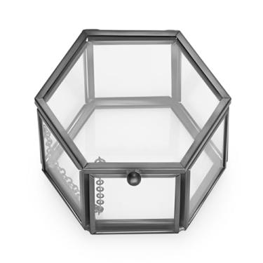 Imagem de Hipiwe Caixa de joias de vidro vintage - organizador de joias hexagonal preto caixa de lembrança caixa decorativa para casa caixa para anel bugiganga brinco peito, pequena