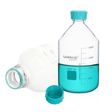 Imagem de LABINVO Garrafas redondas de vidro de armazenamento, 2 peças de Vol.2000ml, material de vidro borossilicato 3,3, com tampa de rosca de polipropileno GL45 na cor azul aqua, tampa tipo B, IN-RB2000B