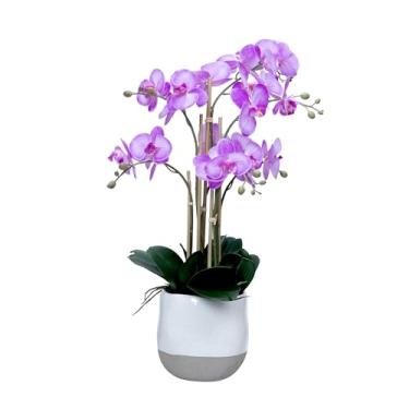 Imagem de Arranjo artificial de orquídea roxa sintética de 69,8 cm em vaso | Orquídeas Phalaenopsis de mariposa roxa de toque real da Fiori Sempre
