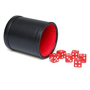 Imagem de RERIVER Conjunto de copos de dados de couro sintético com interior de veludo vermelho silencioso em sacudido com 6 dados vermelhos translúcidos para jogos de tabuleiro Liars Dice Farkle Yahtzee, 1 pacote