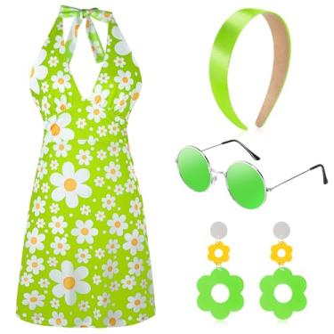 Imagem de SATINIOR 4 peças de fantasia hippie feminina dos anos 60 e 70, roupa de discoteca retrô, brincos descolados, faixa de cabeça, vestido de óculos de sol para festa de Halloween, Verde, M