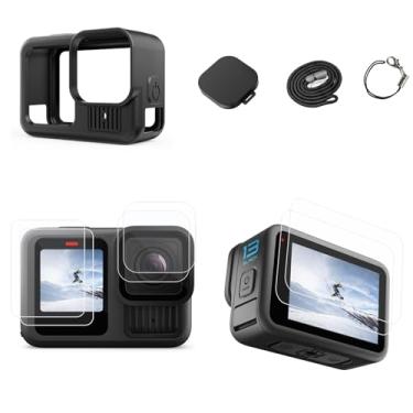 Imagem de Acessórios compatíveis com GoPro Hero 13 preto, capa de silicone para GoPro Hero 13 preto e protetor de lente de vidro temperado e protetor frontal de vidro temperado (preto)