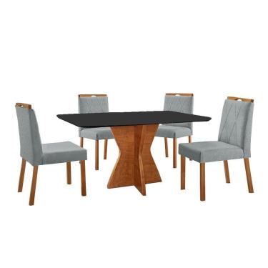 Imagem de Conjunto Sala De Jantar Mesa Madri 140x80cm Tampo Retângular Vidro Preto Com 4 Cadeiras Bela Linho Cinza