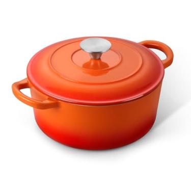 Imagem de -far Forno holandês de ferro fundido esmaltado de 3 litros com tampa, panela pequena redonda antiaderente para assar pão, ensopados, cozinhar, resistente, seguro para indução e forno - laranja