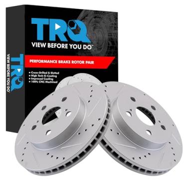 Imagem de TRQ Conjunto de rotores de freio dianteiro de desempenho premium G-Coated Slotted X Drilled Compatível com Toyota Corolla 2020-2022 Prius 2016-2022 Prius 2019-2022 Prius AWD-e 2017-2019 Prius Prime