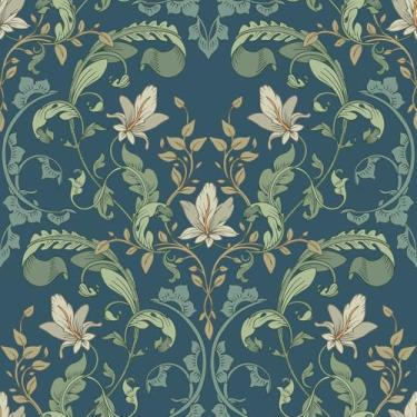 Imagem de VaryStyle William Morris Papel de parede floral azul marinho verde samambaia floral descascar e colar papel de parede vitoriano vintage para quarto, banheiro, papel de contato retrô removível para