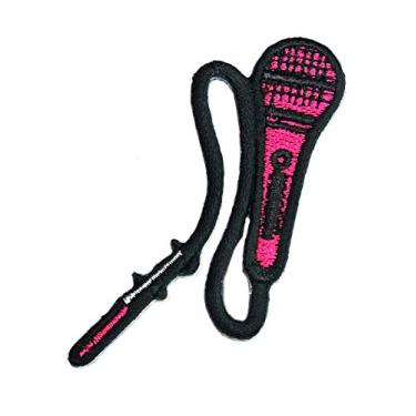 Imagem de Microfone rosa para costurar e costurar, microfone, canção, karaokê, música, banda, desenho, bordado, remendos, faça você mesmo, emblema, roupas, mochilas, jeans, camiseta, boné, fantasia