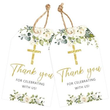 Imagem de joycraft Etiquetas de presente de agradecimento com cruz dourada - 50 peças de etiquetas de lembrancinha de festa de batismo com cordão, papel branco, etiquetas de agradecimento para chá de bebê