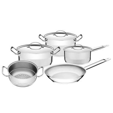 Imagem de Jogo de Panelas Tramontina Prof. Aço Inox Fundo Triplo Tampa Plana Detalhe Satinado 5 Peças 65620010
