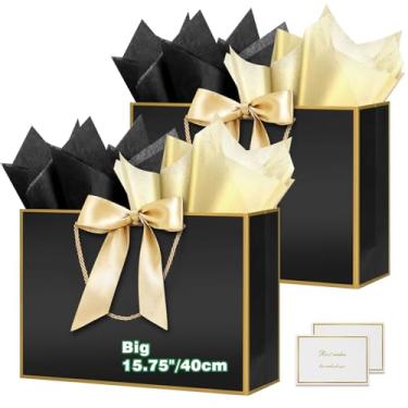 Imagem de HONTIUS Saco de presente extra grande de 15,75 polegadas, sacos de presente de papel grandes recicláveis com alças de cartões, 40 x 30 x 12,5 cm, presente de festa de aniversário, presente de dama de
