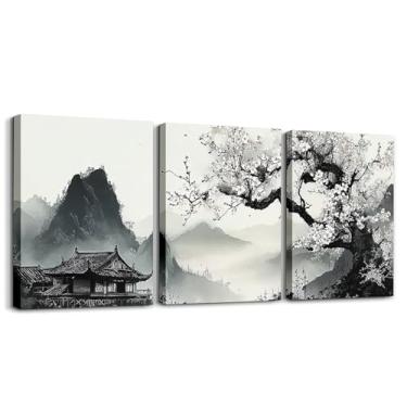 Imagem de jejeloiu Arte de parede em tela emoldurada de flores de cerejeira pintura de paisagem de tinta chinesa decoração de parede para quarto de flores de ameixa pintura para decoração de quarto escritório