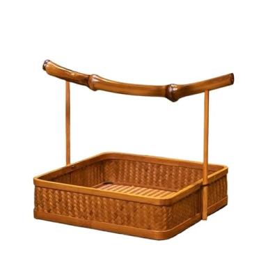 Imagem de Bandeja de chá feita à mão com alça antiga de bambu trançado, nova tigela de lanche estilo chinês, bacia de frutas, bandeja de chá, caixa de armazenamento estilo japonês(Small Rectangle)