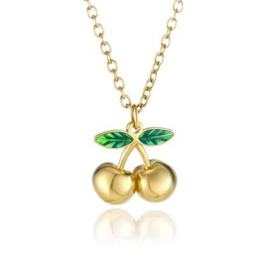 Imagem de Elegante colar com pingente de cereja ouro 18K com folhas verdes esmaltadas acessórios de declaração de moda, Small, Aço inoxidável, Sem Pedra Preciosa