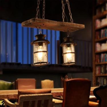 Imagem de Lâmpada Suspensa Vintage Lâmpada Pendente Retro Edison Loft Lustre Retro Industrial Lâmpada De Teto De Ferro Ajustável Em Altura E27 Madeira Ferro Abajur De Vidro Lâmpada Pen, 2Heads