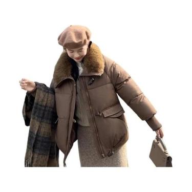 Imagem de Jaqueta Feminina De Inverno Curta Acolchoada Com Gola Grande De Pele, 