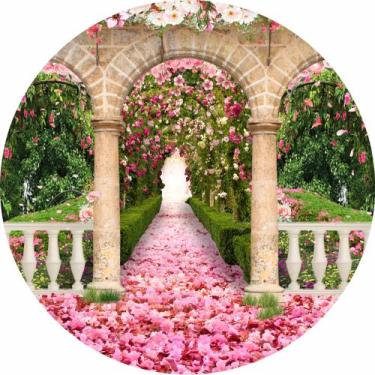 Imagem de Painel de Tecido Sublimado Redondo Jardim de Flores Arcos de Pedra c/ 