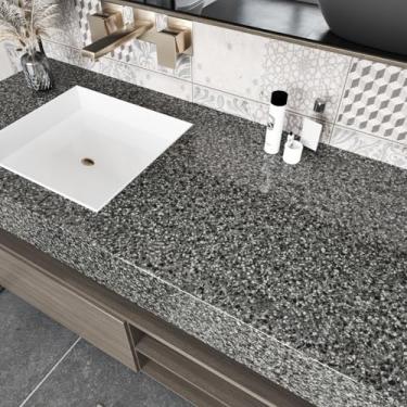 Imagem de Mangoloo Papel de contato de granito preto claro para bancadas à prova d'água para bancadas e bancadas para cozinha, papel de parede de mármore preto 40 x 38 cm, adesivo para mesa, banheiro, balcão,