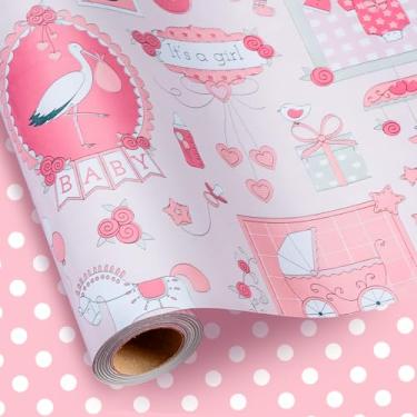 Imagem de Homeral Rolo de papel de embrulho rosa para bebês meninas - Mini rolo - 43 cm x 40 cm - Brinquedo para bebê, carrinho de bebê, roupas e bolinhas reversível para presente para chá de bebê, aniversário