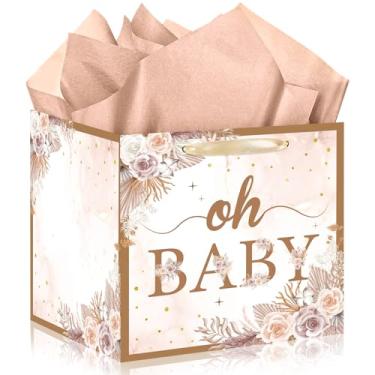 Imagem de Woosytoo Bolsa de presente quadrada Boho para chá de bebê, extragrande, para bebês, meninas, com alças, boho, floral, grama, pampas, para decoração de lembrancinhas de festa para recém-nascidos